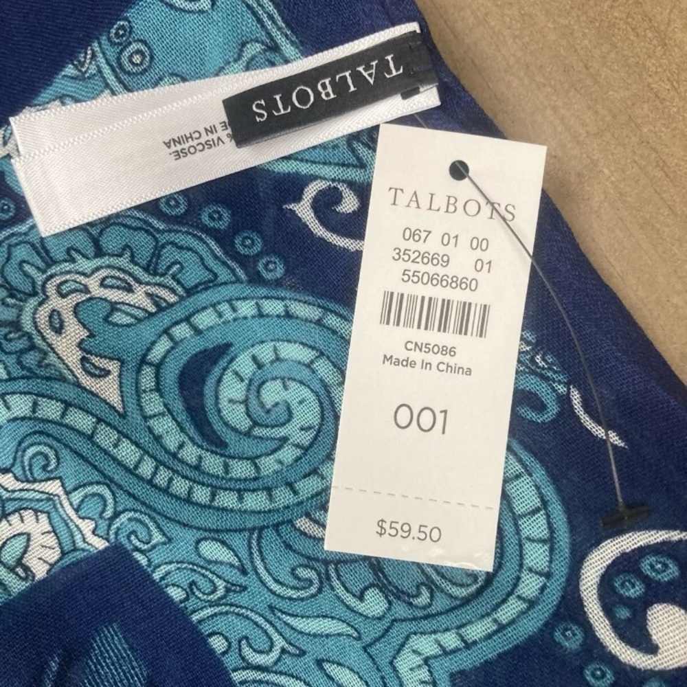 Talbots Dress Scarf 24x69 Inches Beautiful Blue Turquoise Pattern 100% Viscose